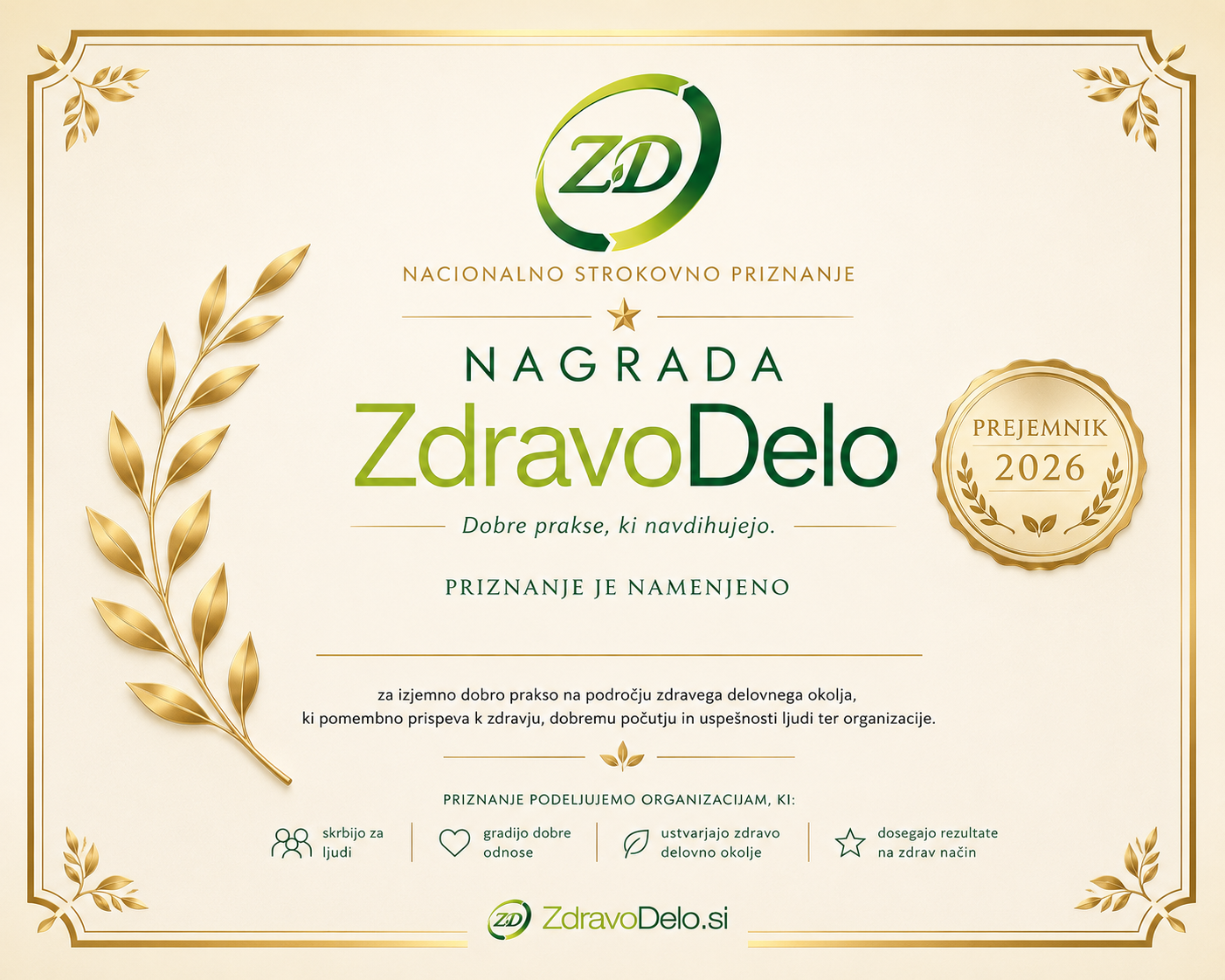 Listina Nagrada ZdravoDelo 2026 — strokovno priznanje za odlične prakse na področju zdravega delovnega okolja