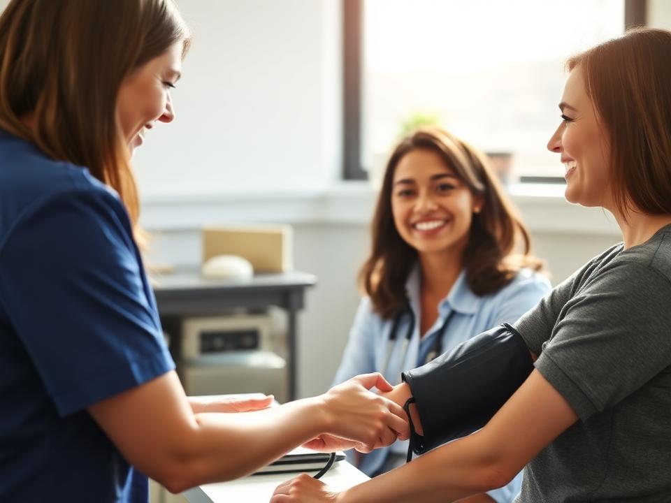 Medicinska sestra izmeri krvni tlak nasmejani zaposleni